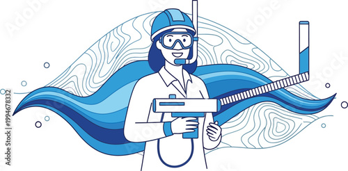 Female engineer holds water testing device outdoors.