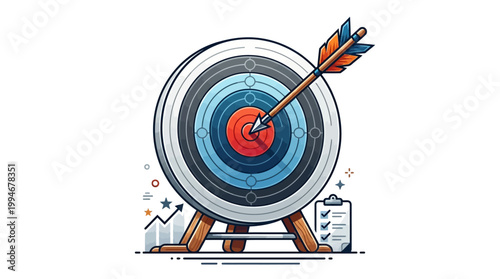 A colorful comic-style illustration of an archery target with a bullseye hit by an arrow, business success concept with graphs and notebook on a white background
