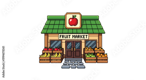 Charming pixel art vector of a fruit market building featuring a green roof, wooden walls, and crates overflowing with fresh, colorful produce.