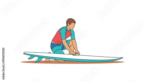 Man kneeling on beach applying wax to surfboard fins carefully.