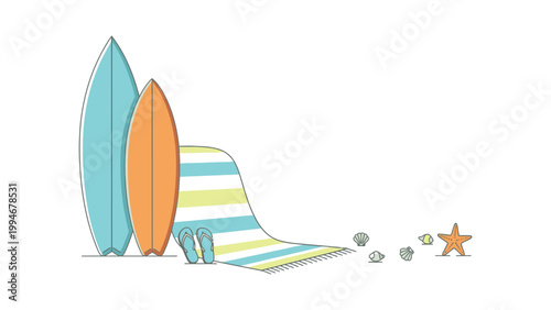 Surfboards and beach towel with flip flops on sandy shore with seashells and starfish.