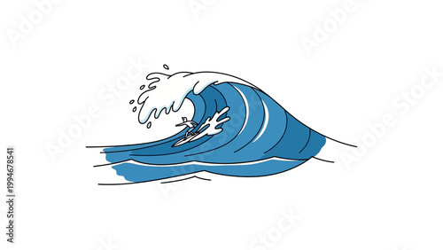 A large blue ocean wave crashes with white foam on a sunny day outdoors.