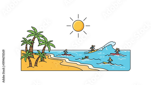 Surfers ride waves on a sunny beach with palm trees on the shore.