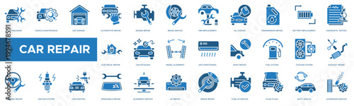 Set of blue and black car repair icons depicting vehicle maintenance tools garage service and diagnostics