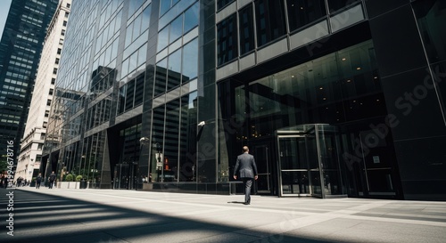 Businessman walking into modern glass office building in city