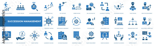 Set of flat line icons showing business succession management and leadership development for company growth