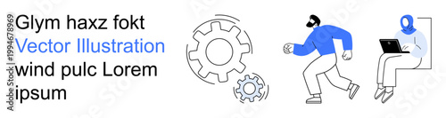 Productivity, teamwork, business workflow, problem-solving, innovation, technical operations. Gears alongside a running figure and seated professional with a laptop. Productivity and teamwork
