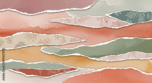 Abstract torn paper collage with floral patterns and watercolor texture