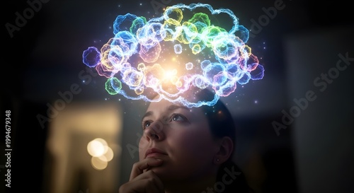 Young woman with colorful abstract thought bubble above head