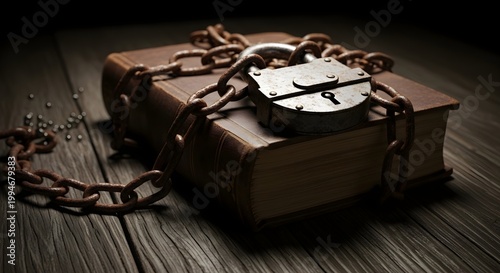 Old book locked with a rusty chain and padlock on a wooden table