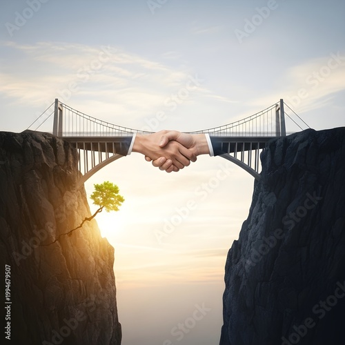 Business handshake over a bridge connecting two cliffs with a tree growing from a crack