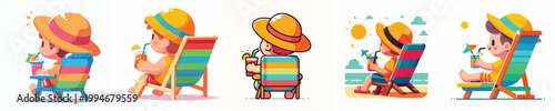 vector of a little boy sitting on a beach chair enjoying summer back view