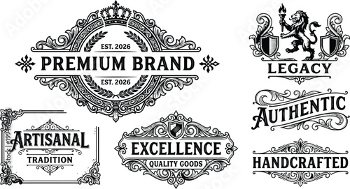Modern Heritage Ornate Crests & Labels: Victorian Scrollwork, Engraved Emblems, and Boutique Frames (Black & White Vector Set)