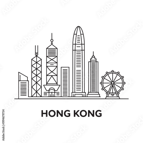 Linear illustration of the hong kong skyline featuring iconic structures