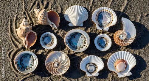 Collection of Assorted Seashells and Nautilus Shells Arranged on Sandy Beach