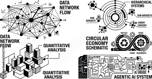 Data Visualization Schematic Kit: Abstract Network Graphs, Hierarchical Trees, Circular Economy loops, and Technical AI Diagrams (Black & White Vector System)