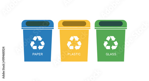 Colorful recycling bins for paper plastic glass.