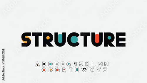 The word structure written in bold black letters with colorful circular accents, accompanied by a full set of uppercase alphabet letters in a thin outline style on a light grey textured background