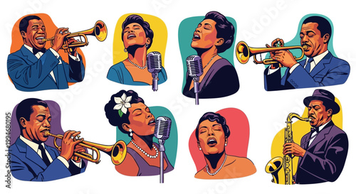 Vibrant illustrations of jazz musicians and singers performing with passion.