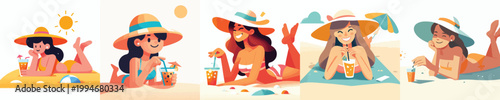vector of a woman lying face down on the beach sand enjoying summer