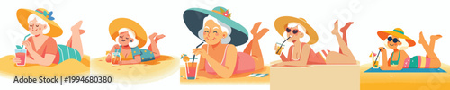 vector of a grandma lying face down on the beach sand enjoying summer