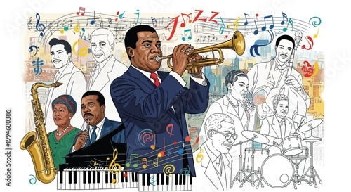 Colorful illustration of a jazz band performing with a trumpet player in the center