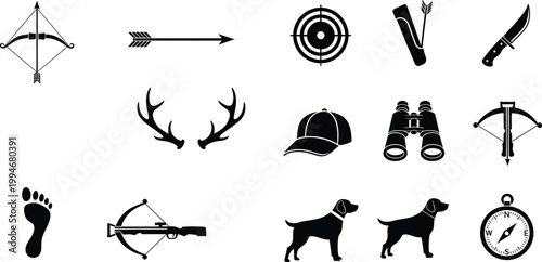 Collection of black hunting icons including bow and arrow, binoculars, dogs, and gear on white background.