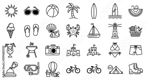 Set of summer vacation and beach travel line icons