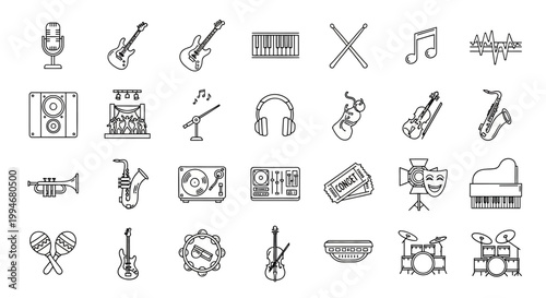 Set of musical instrument and equipment icons in line art style