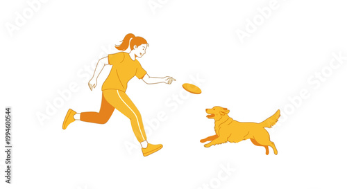 Happy woman playing frisbee with dog outdoors