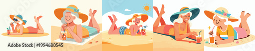 vector of a grandma lying face down on the beach sand enjoying summer