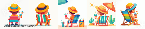 vector of a little boy sitting on a beach chair enjoying summer back view