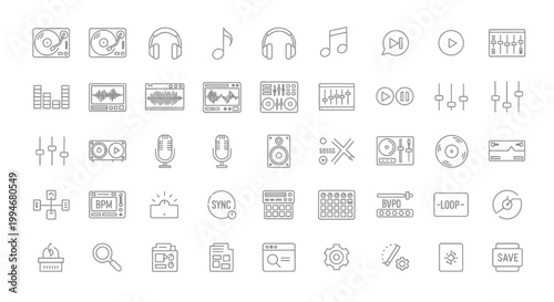 Set of outline music production and DJ equipment icons on white background