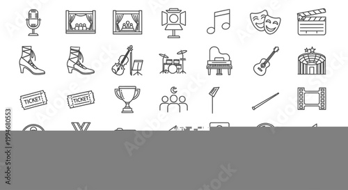 Set of entertainment and performing arts line icons for theater and music.