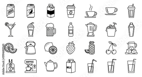 Outline Icons for Drinks, Beverages, and Kitchen Essentials