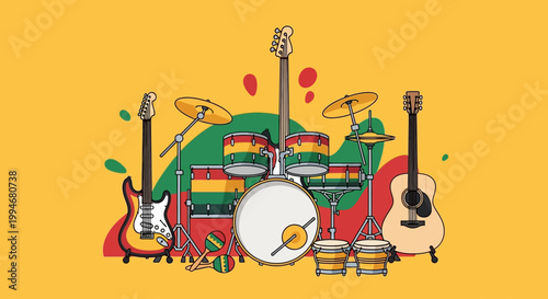 Collection of diverse musical instruments and a drum kit