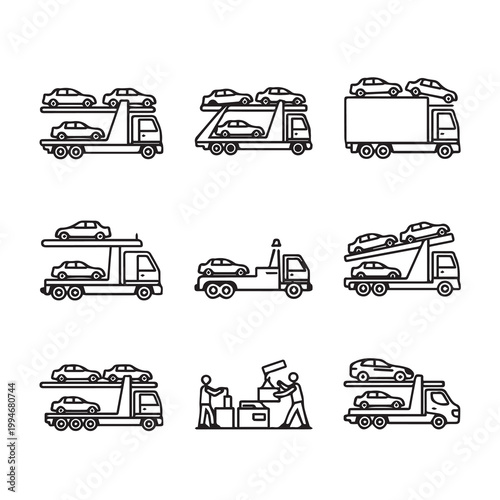 Car carrier trucks and loading dock icons for transport and logistics