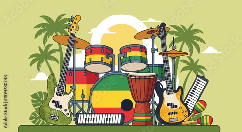 Tropical music band with reggae instruments and palm trees.