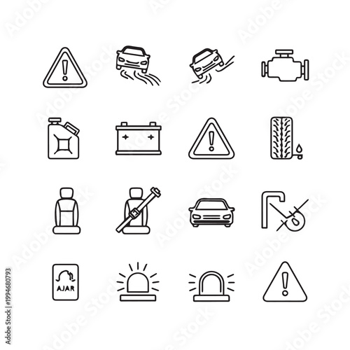 Car Warning Symbols and Icons for Automotive Safety and Maintenance on White Background
