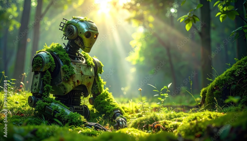 Fototapeta premium Green Robot Covered in Moss in Sunlit Forest.
