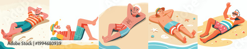 vector of a grandpa lying on his back on the beach sand enjoying summer