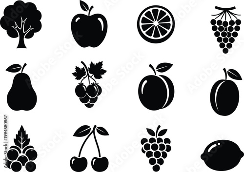 Collection of black and white fruit icons including apple orange grape pear and cherry