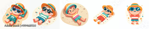 vector of a little boy lying on his back on the beach sand enjoying summer