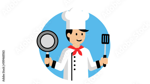 Smiling Chef Holding Cooking Utensils on Blue Background