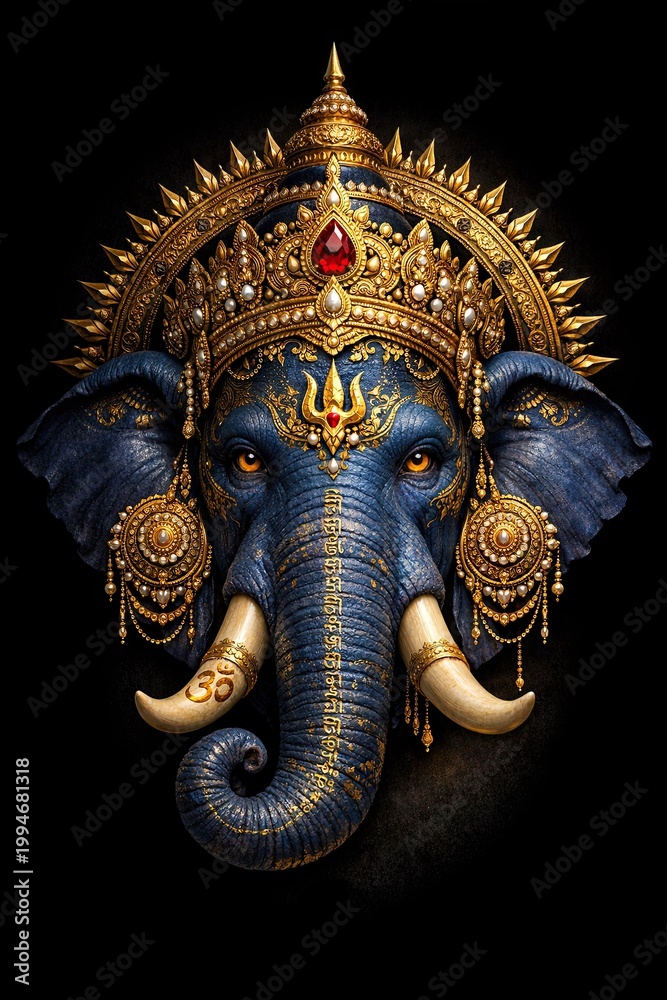 Fototapeta premium Ornate blue elephant head adorned with golden crown and jewelry, featuring a central red gemstone