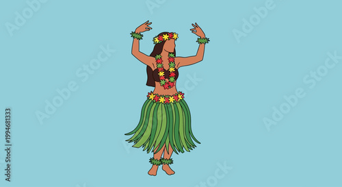 Hula dancer performs Kamehameha on a sunny day in Hawaii with traditional costume