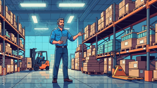 Warehouse Manager Directing Operations with Tablet