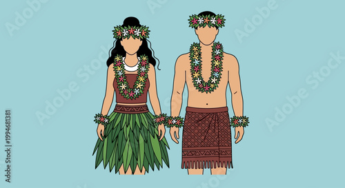 Hawaiian couple performs Kamehameha dance on a sunny day in traditional attire.