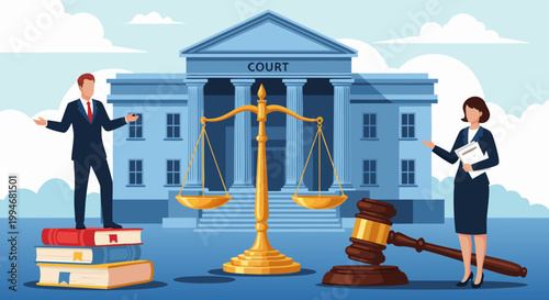 Legal justice concept with courtroom, scales of justice, gavel, and legal documents
