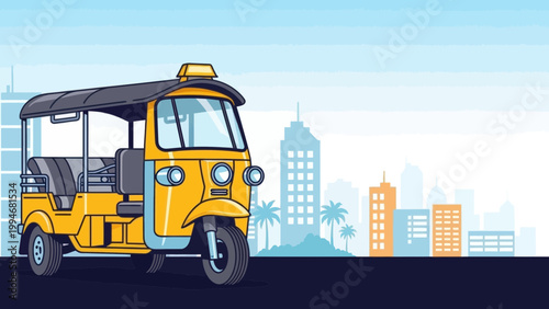Yellow Tuk Tuk Auto Rickshaw Illustration in Urban Cityscape